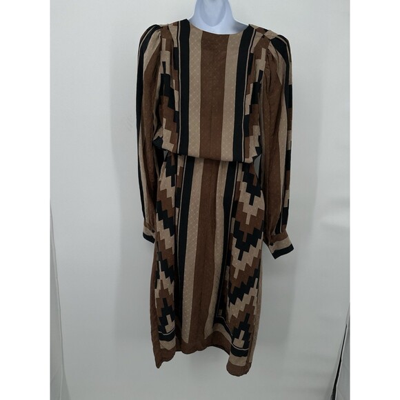 Brijo Retro Geometric Vintage Print Dress Shift Ruffle Silk~ rap L ~Made in USA - Picture 7 of 14